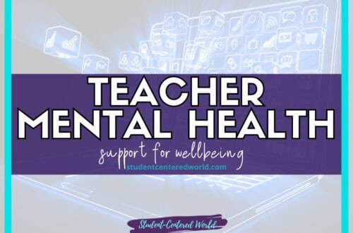 Graphic with the text TEACHER MENTAL HEALTH support for wellbeing, highlighting the importance of prioritizing mental wellness in education, over a digital background with faint icons. At the bottom, it reads studentcenteredworld.com and Student-Centered World.