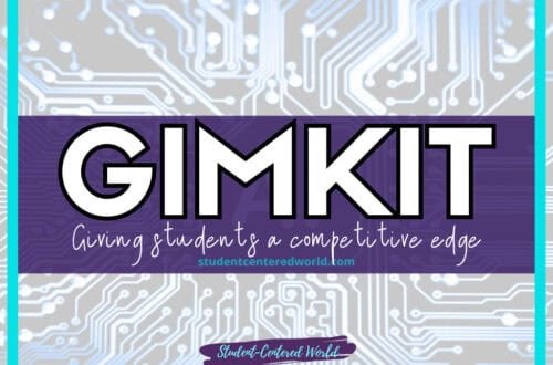 Gimkit: Empowering students with a competitive edge in a sleek design. Set against a light blue circuit pattern backdrop, this striking layout includes a prominent website URL and a banner proudly showcasing Student-Centered World.