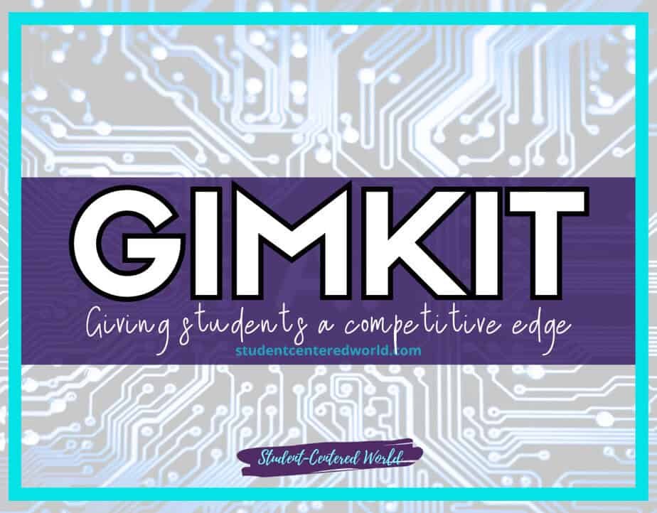 Gimkit: Empowering students with a competitive edge in a sleek design. Set against a light blue circuit pattern backdrop, this striking layout includes a prominent website URL and a banner proudly showcasing Student-Centered World.