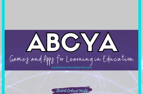 Graphic with a purple background featuring the text ABCYA Games and Apps for Learning in Education. Below, it reads studentcenteredworld.com and Student-Centered World at the bottom. A light blue border frames this vibrant ABCYA-themed image.