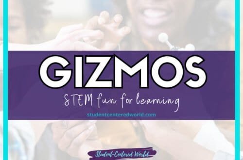 A sign with GIZMOS: STEM fun for learning written in bold letters on a purple banner. Underneath, a website link studentcenteredworld.com is displayed. A soft-focus background shows hands interacting, possibly working on a project.