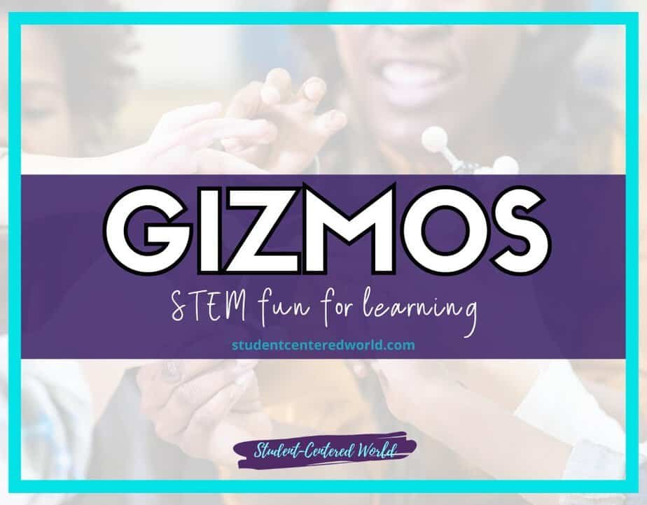 A sign with GIZMOS: STEM fun for learning written in bold letters on a purple banner. Underneath, a website link studentcenteredworld.com is displayed. A soft-focus background shows hands interacting, possibly working on a project.