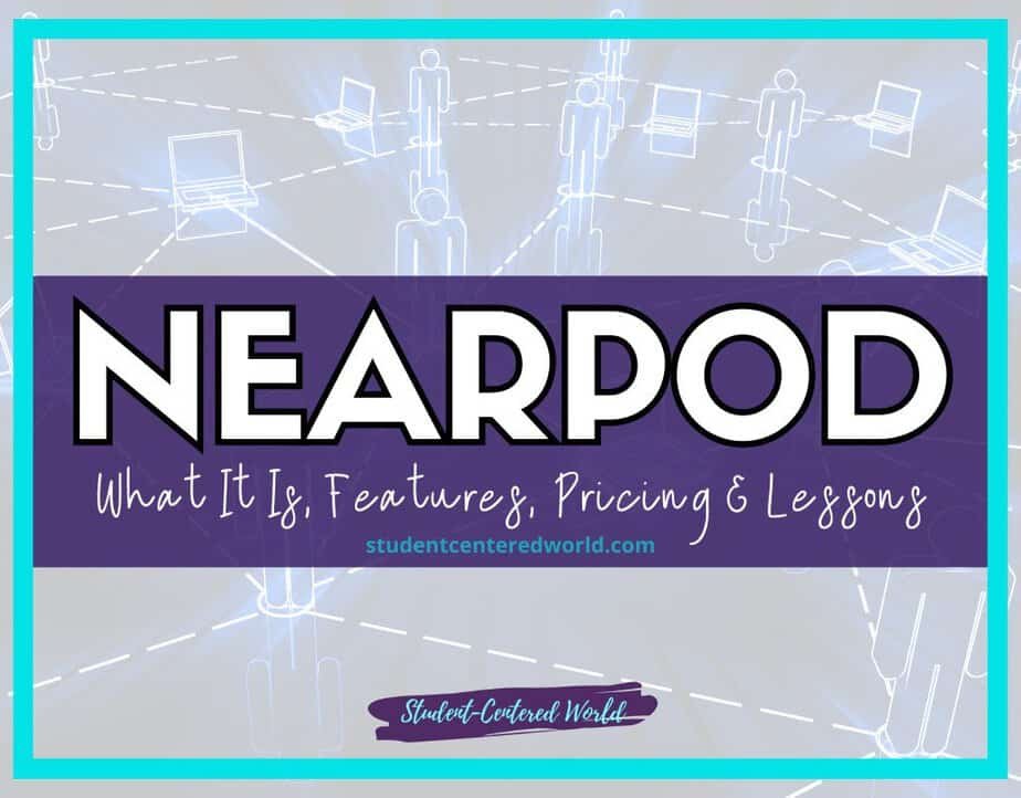 Text image with a purple and teal border features NEARPOD in large letters, with What It Is, Features, Pricing & Lessons below. Background includes faint silhouettes of laptops and people. Website name at the bottom: studentcenteredworld.com.