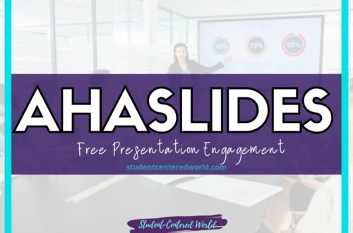 Presentation slide with large text reading AHASLIDES and Free Presentation Engagement. In the background, a person gestures towards a screen displaying charts. The website studentcenteredworld.com is visible.