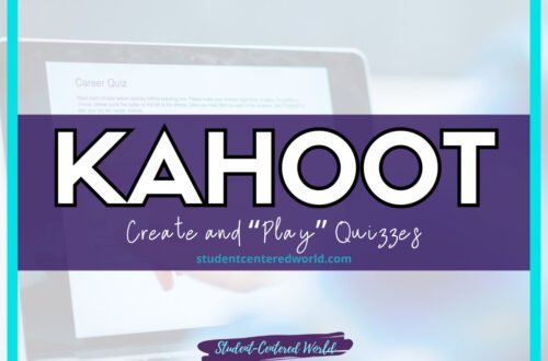 The image shows a laptop screen with the text Career Quiz visible. Overlaid on the image is a purple rectangle with KAHOOT in white bold letters, and below it, the text Create and Play Quizzes with studentcenteredworld.com beneath.