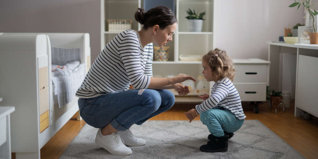 A woman crouched down looks at a young child in a cozy bedroom. Both are wearing striped shirts. Nearby is a crib, and shelves with plants and decor. The childs hands are on their knees, and there is a soft rug under them.