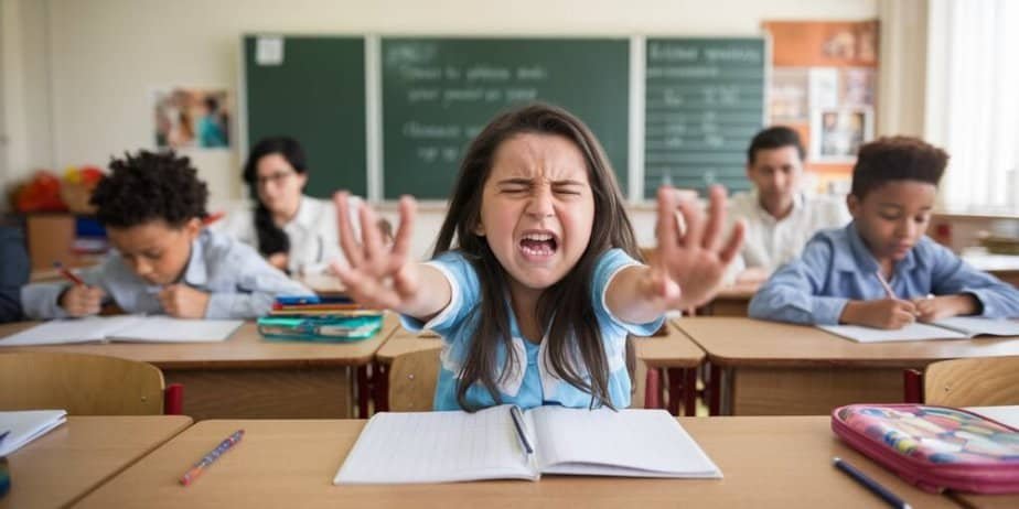 A classroom scene with children sitting at desks. A girl in the foreground, looking playful, has her hands outstretched towards the camera. Other students are focused on their work. Blackboard and educational posters are in the background.