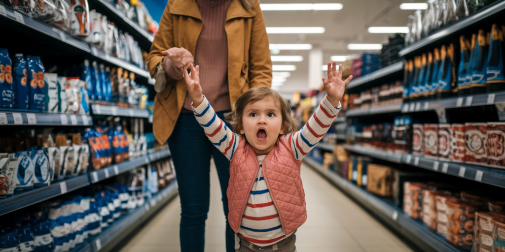 A toddler with a surprised expression raises their arms while walking in a grocery aisle, holding hands with an adult. Shelves filled with products line the aisle on both sides.