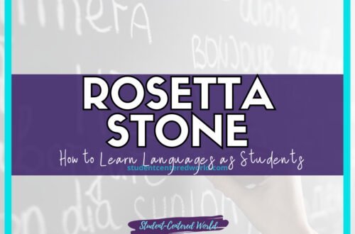 A chalkboard with the words Rosetta Stone in bold white text against a purple background. Below, a subtitle reads How to Learn Languages as Students, with a hand writing on the board. Theres a teal border around the image.