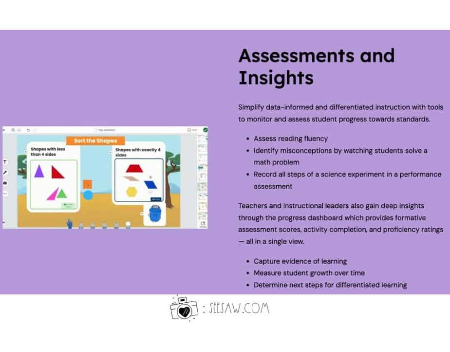 A digital educational platform interface titled Assessments and Insights. Features tools to monitor student progress, assess reading fluency, and identify misconceptions. Includes images of shapes and a progress dashboard. Logo at the bottom.