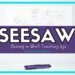 Graphic with the word SEESAW in large letters over a blurred whiteboard with colorful drawings and text. Includes a banner with Reviews on What Teachers Use and a website link, studentcenteredworld.com.