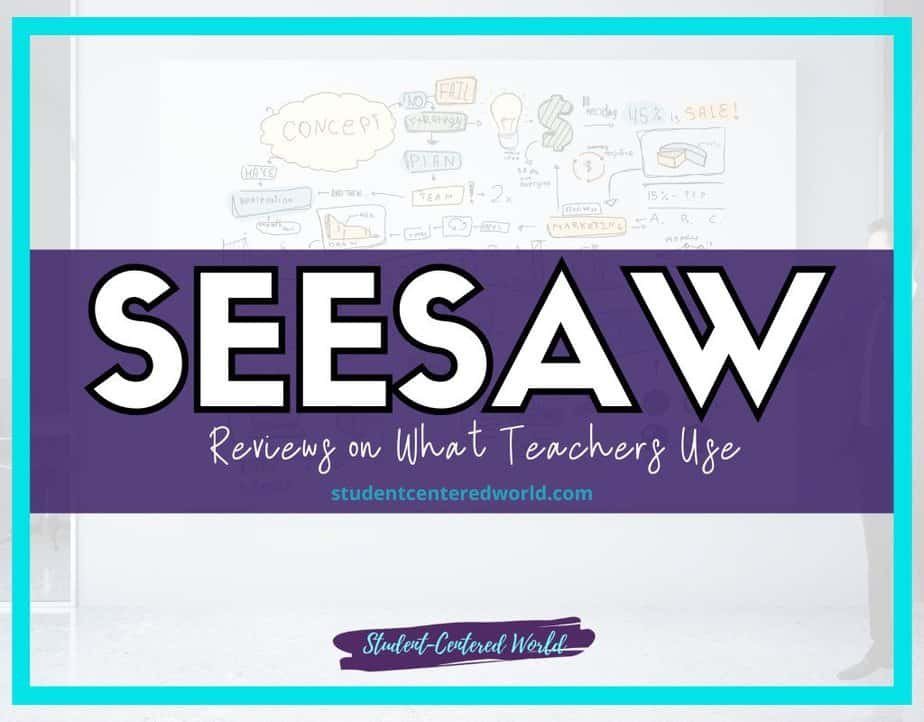 Graphic with the word SEESAW in large letters over a blurred whiteboard with colorful drawings and text. Includes a banner with Reviews on What Teachers Use and a website link, studentcenteredworld.com.