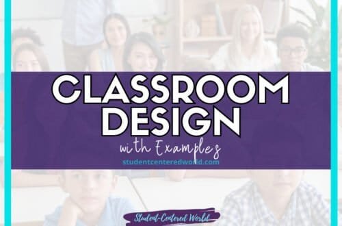 A group of students sits in a classroom, embodying the essence of student-centered classroom design. The image features a blue-green border and has "Classroom Design with Examples" text overlay, sourced from studentcenteredworld.com.