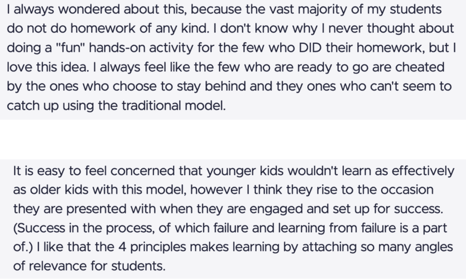 Top text: A person reflects on why students rarely do homework, considering hands-on activities for those who do. Frustration with cheating is expressed.  
Bottom text: Concerns about younger kids learning are noted, but success through engagement and learning from failure is emphasized.