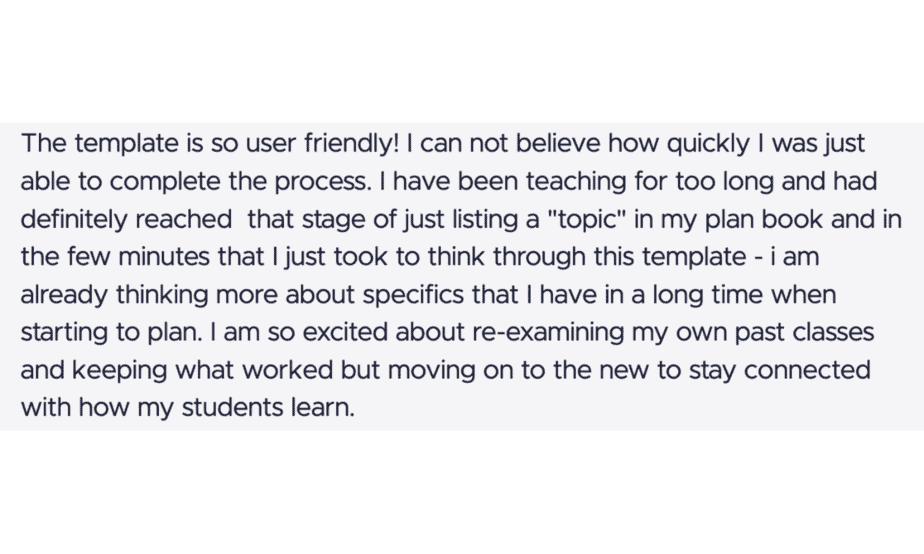 Screenshot of a text message expressing enthusiasm about a user-friendly template. The sender, a teacher, reflects on the benefits of re-examining past classes and adapting new methods to enhance student learning.