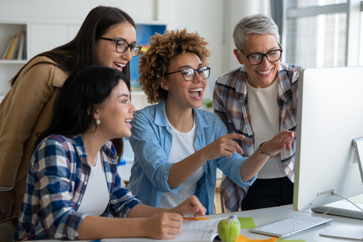 Four women are gathered around a computer, smiling and looking at the screen. They appear to be in a professional setting with papers and a green apple on the desk. All are wearing casual attire and glasses.