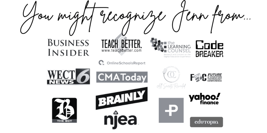 A collage of various media and organization logos, including Business Insider, Teach Better, The Learning Counsel, GrubStreet, WCCO News 6, CMA Today, FETC, EdTech Digest, Brainly, Yahoo Finance, Education Technology, NJEA, and Edutopia.