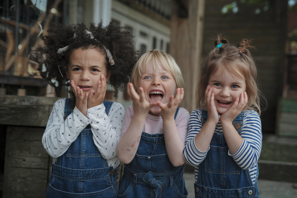 Three children stand side by side, each with a surprised expression. They are wearing denim overalls and long-sleeved tops. The background includes wooden structures and a fence.