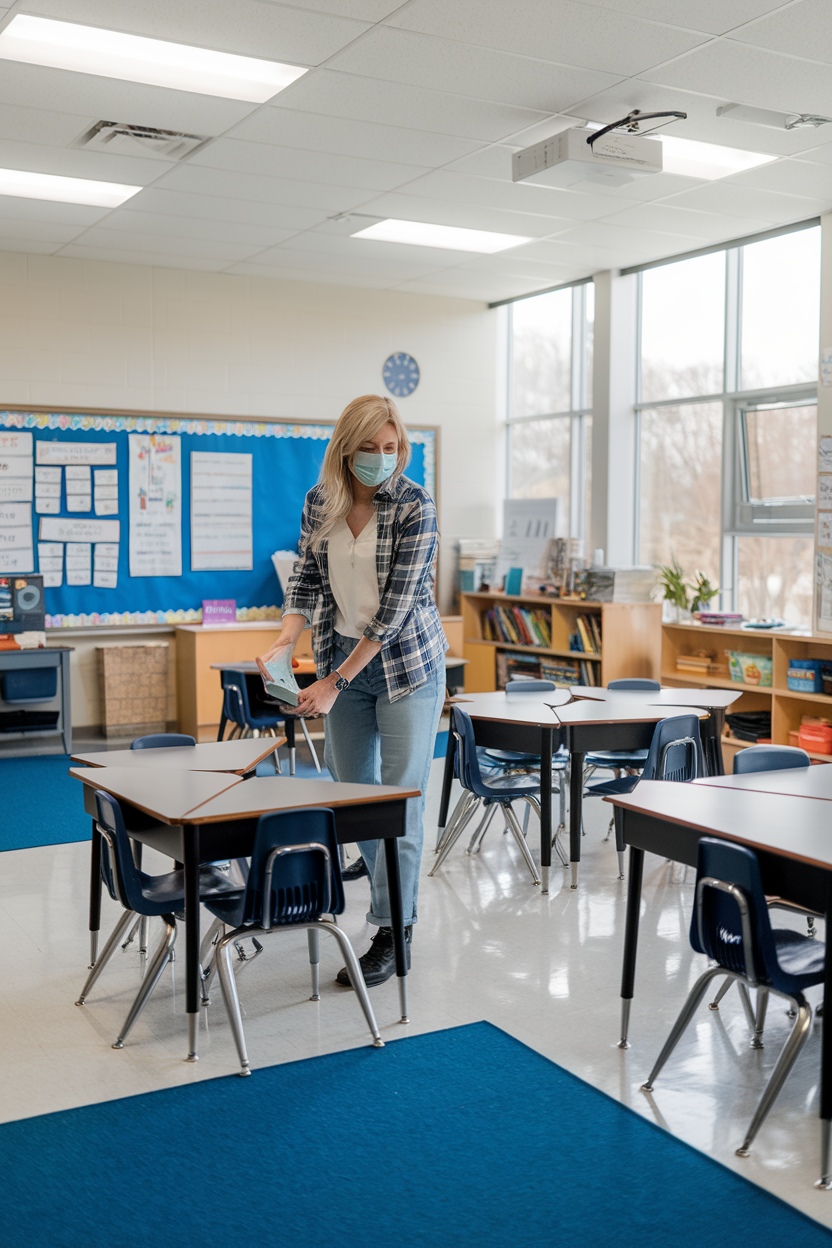 A person wearing a mask and plaid shirt tidies up a classroom. The room has desks, chairs, a blue bulletin board with papers, bookshelves, and large windows letting in natural light. The flooring is a mix of blue carpet and white tiles.