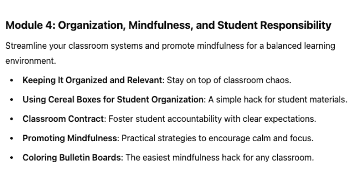 Text describing Module 4 about organization, mindfulness, and student responsibility. Includes tips on classroom organization, using cereal boxes, classroom contracts, promoting mindfulness, and coloring bulletin boards.