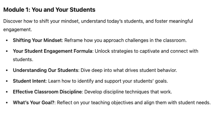 Text from an educational module titled Module 1: You and Your Students lists topics including shifting mindset, student engagement, understanding students, student intent, effective classroom discipline, and setting teaching goals.