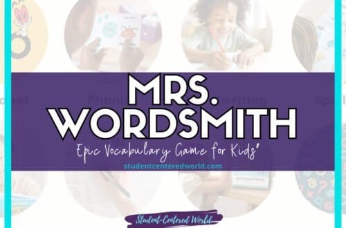 Colorful advertisement for Mrs. Wordsmith, an epic vocabulary game for kids. The text features prominently with a background of blurred images showing learning materials and children engaging with games.