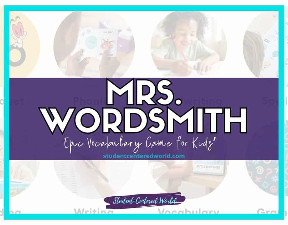 Colorful advertisement for Mrs. Wordsmith, an epic vocabulary game for kids. The text features prominently with a background of blurred images showing learning materials and children engaging with games.