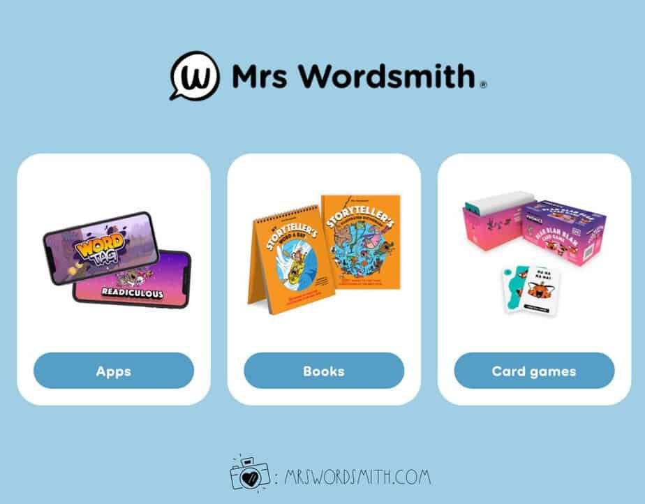 Graphic showcasing Mrs Wordsmith products: smartphone with Word Tag game labeled Apps; books titled Storytellers Word a Day labeled Books; colorful cards in boxes labeled Card games. Website link at bottom.