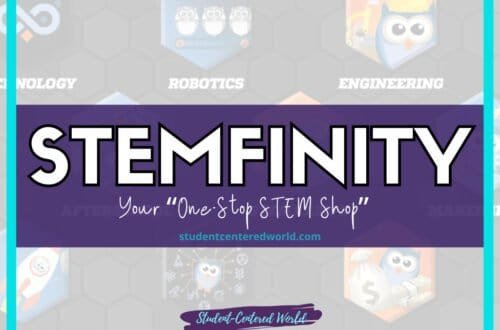 Image with a text banner reading STEMFINITY in bold. Below, it says Your One-Stop STEM Shop and studentcenteredworld.com in smaller text. Background features icons labeled TECHNOLOGY, ROBOTICS, ENGINEERING, MAKERS, FREE RESOURCES, and STEM GRANTS.