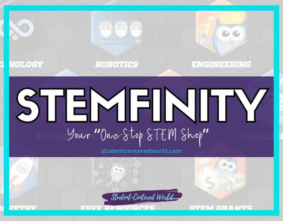 Image with a text banner reading STEMFINITY in bold. Below, it says Your One-Stop STEM Shop and studentcenteredworld.com in smaller text. Background features icons labeled TECHNOLOGY, ROBOTICS, ENGINEERING, MAKERS, FREE RESOURCES, and STEM GRANTS.