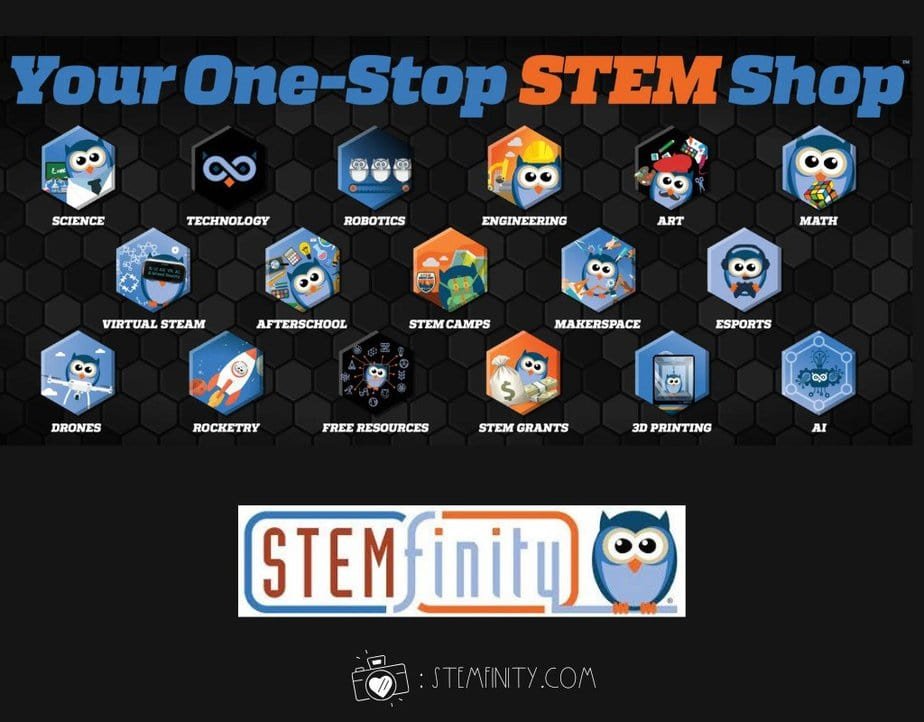 A promotional image for a STEM store featuring an owl mascot. Text reads Your One-Stop STEM Shop with icons for science, technology, robotics, engineering, art, math, and more. Includes the logo STEMfinity with the owl mascot below.