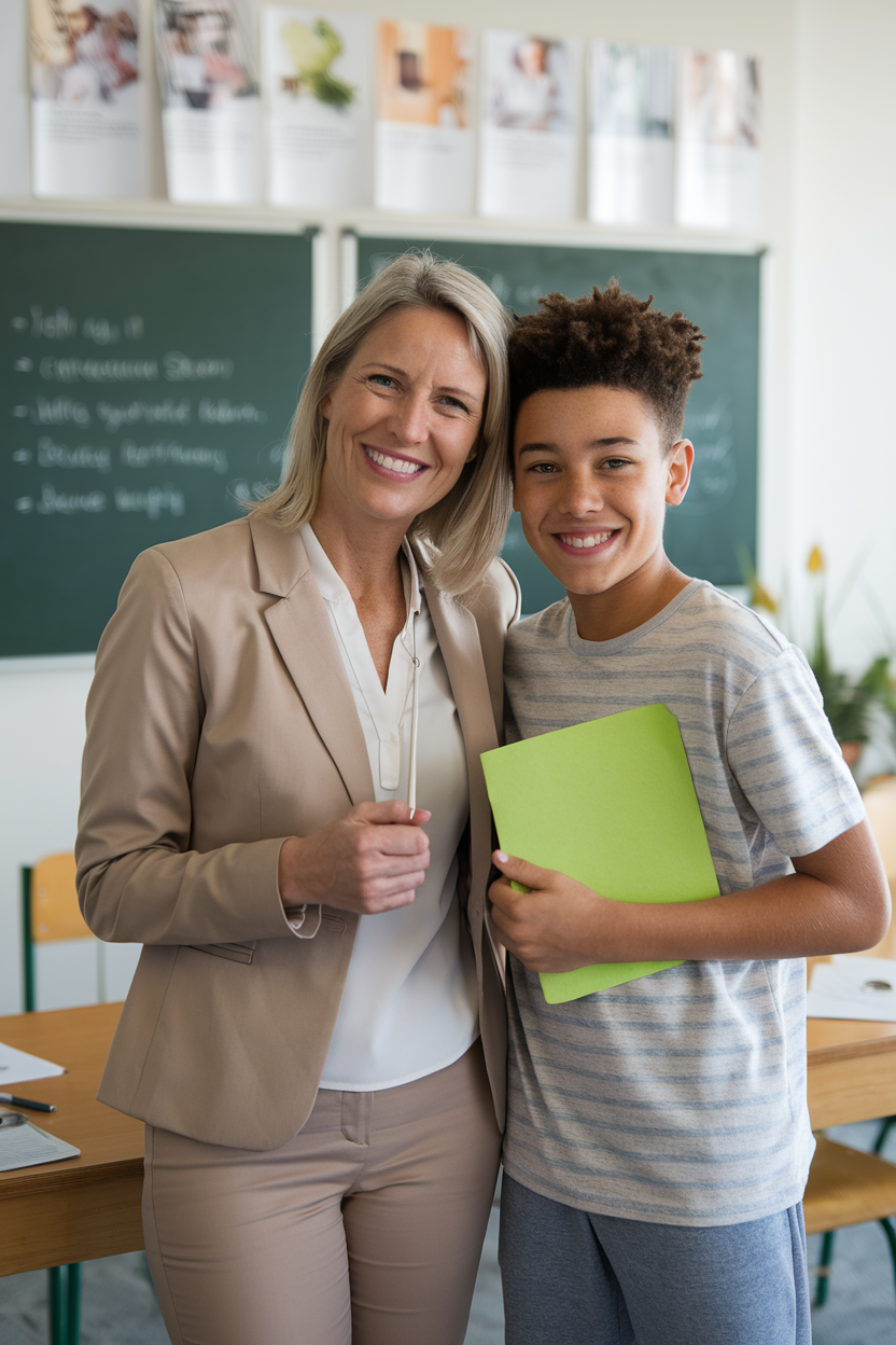 A smiling woman in a beige suit stands next to a smiling boy holding a green folder. They are in a classroom with chalkboards and desks in the background.