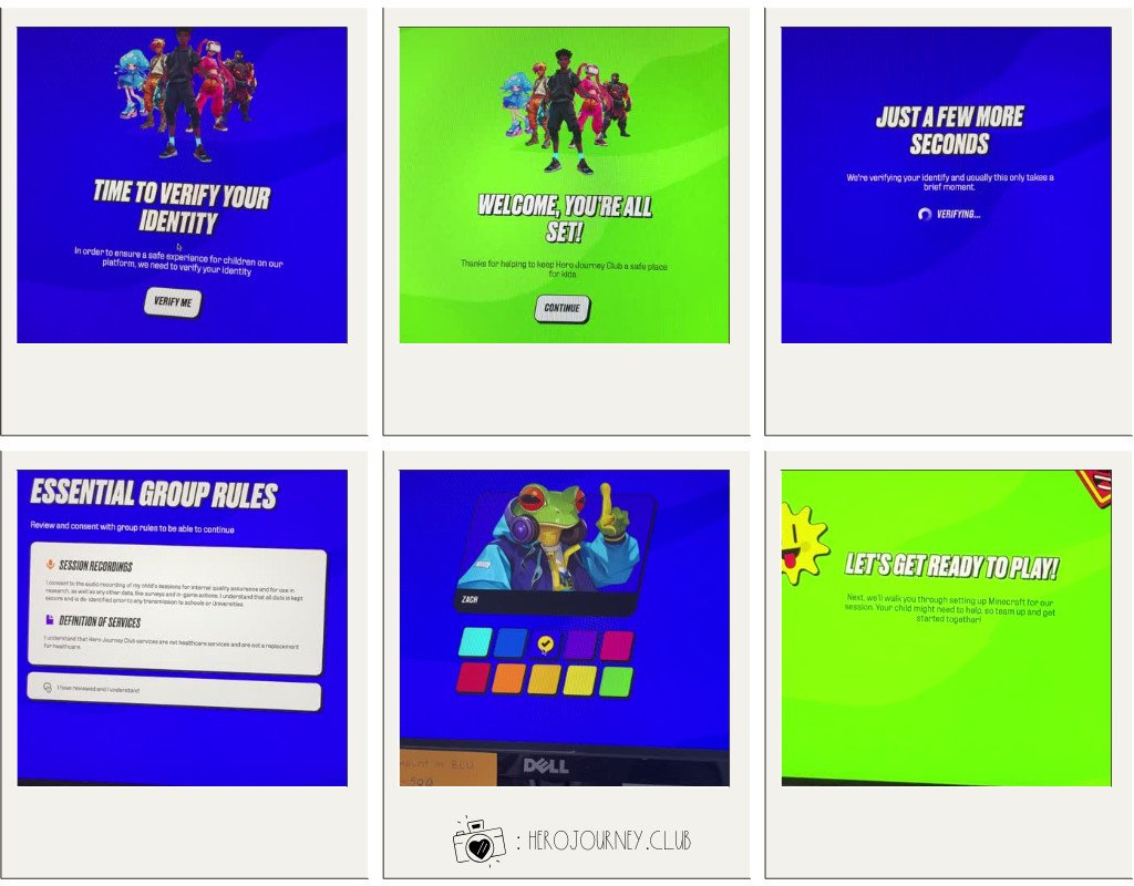 Grid of six screenshots from a game setup process. Screens include messages about identity verification, welcome text, group rules, and a readiness confirmation. Character images and bright backgrounds are featured in various colors and styles.