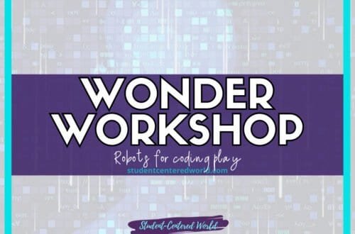 Text reading Wonder Workshop: Robots for coding play with a website URL at the bottom center. The background features a pattern of faint binary numbers. The text is central, bold, and white, with a purple and turquoise frame.