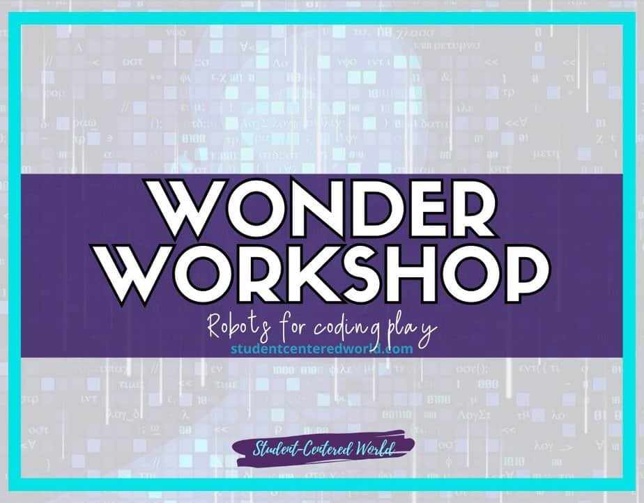 Text reading Wonder Workshop: Robots for coding play with a website URL at the bottom center. The background features a pattern of faint binary numbers. The text is central, bold, and white, with a purple and turquoise frame.